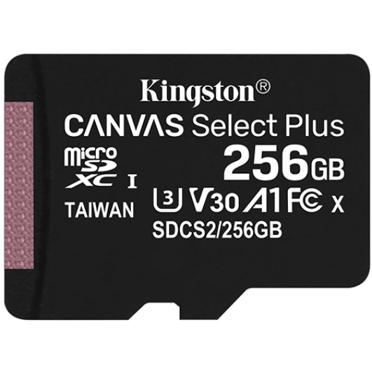 Kingston 256GB Canvas Select Plus Micro SD Card - U3, V30, A1, Up To 100MB/s