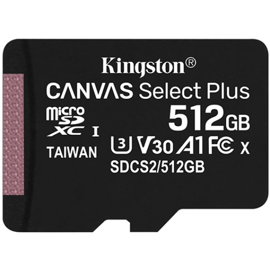 Kingston 512GB Canvas Select Plus Micro SD Card - U3, V30, A1, Up To 100MB/s