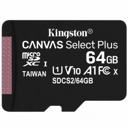 64GB Kingston Canvas Select Plus Micro SD (SDXC) Card, U1, V10, A1, 100MB/s R, 10MB/s W