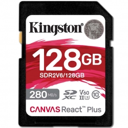 128GB Kingston Canvas React Plus SD (SDXC) Card, UHS-II, U3, V60, 280MB/s R, 100MB/s W