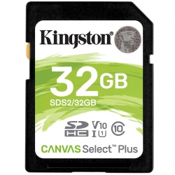 32GB Kingston Canvas Select Plus SD (SDHC) Card, U1, V10, 100MB/s R, 10MB/s W