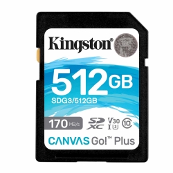 512GB Kingston Canvas Go Plus SD (SDXC) Card, U3, V30, A2, 170MB/s R, 90MB/s W