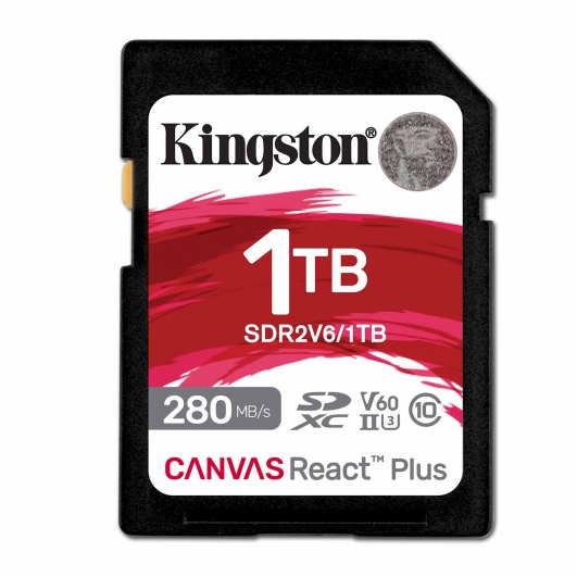 1TB (1000GB) Kingston Canvas React Plus SD (SDXC) Card, UHS-II, U3, V60, 280MB/s R, 150MB/s W